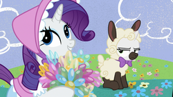 Size: 1920x1080 | Tagged: safe, screencap, rarity, sweetie belle, lamb, pony, sheep, forever filly, g4, animal costume, balloon, balloon bouquet, clothes, costume, lamb costume, rari-bo peep, sheepie belle, sweetie belle is not amused, unamused