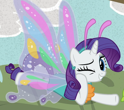 Size: 1019x901 | Tagged: safe, screencap, rarity, pony, forever filly, g4, butterfly wings, cropped, female, mare, one eye closed, rarifly (costume), solo, wink