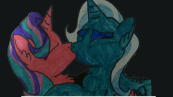 Size: 920x516 | Tagged: safe, artist:piratecat102, starlight glimmer, trixie, pony, unicorn, g4, duo, female, kiss on the lips, kissing, lesbian, mare, ship:startrix, shipping, traditional art