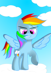 Size: 2480x3508 | Tagged: safe, artist:twinblade edge, rainbow dash, pegasus, pony, g4, cloud, female, grin, high res, hooves, mare, on a cloud, raised hoof, sky, smiling, solo, spread wings, standing on a cloud, wings