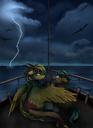 Size: 2550x3509 | Tagged: safe, artist:pridark, lightning streak, oc, oc only, bird, crow, dracony, pony, cloud, commission, dark clouds, high res, lightning, ocean, open mouth, panicking, scenery, ship, sitting, solo, storm, unamused
