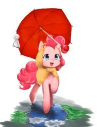 Size: 686x895 | Tagged: safe, artist:tomitake, pinkie pie, earth pony, pony, cute, diapinkes, female, happy, mare, open mouth, raised hoof, solo, umbrella, water
