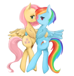 Size: 649x668 | Tagged: safe, artist:tomitake, fluttershy, rainbow dash, pegasus, pony, g4, bipedal, female, lesbian, mare, ship:flutterdash, shipping, simple background, white background
