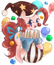 Size: 1378x1666 | Tagged: safe, artist:tomitake, pinkie pie, earth pony, pony, balloon, clown nose, female, hat, jester, jester pie, looking at you, mare, red nose, ruff (clothing), solo
