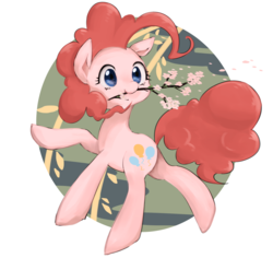 Size: 1459x1377 | Tagged: safe, artist:tomitake, pinkie pie, earth pony, pony, g4, female, flower, mare, mouth hold, solo, stick