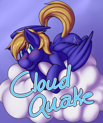 Size: 1678x2000 | Tagged: safe, artist:dripponi, artist:lattynskit, oc, oc only, oc:cloud quake, pegasus, pony, badge, looking at you, male, smiling, solo, stallion, text