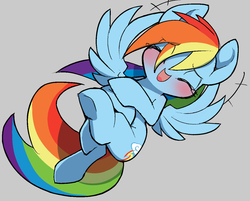 Size: 1264x1016 | Tagged: safe, artist:ccc, rainbow dash, pegasus, pony, g4, blushing, cute, dashabetes, eyes closed, female, gray background, laughing, mare, open mouth, simple background, solo, spread wings, wings