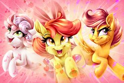 Size: 5400x3600 | Tagged: safe, artist:jadedjynx, part of a set, apple bloom, scootaloo, sweetie belle, earth pony, pegasus, pony, unicorn, g4, abstract background, absurd resolution, adorabloom, bow, cheek fluff, commission, cute, cutealoo, cutie mark, cutie mark crusaders, diasweetes, ear fluff, female, filly, fluffy, hair bow, looking at you, open mouth, running, smiling, the cmc's cutie marks, trio