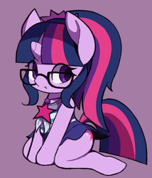 Size: 1463x1710 | Tagged: safe, artist:ccc, sci-twi, twilight sparkle, pony, unicorn, equestria girls, g4, clothes, cute, equestria girls ponified, female, glasses, looking at you, mare, ponified, purple background, simple background, skirt, solo, swimsuit, twiabetes, unicorn sci-twi