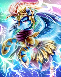 Size: 2880x3600 | Tagged: safe, artist:jadedjynx, part of a set, rainbow dash, pegasus, pony, g4, alternate hairstyle, armor, backwards cutie mark, badass, electric dash, electricity, fantasy class, female, grin, high res, lidded eyes, lightning, looking at you, mare, smiling, smiling at you, solo, warrior