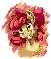Size: 1771x2036 | Tagged: safe, artist:jadedjynx, apple bloom, earth pony, pony, g4, bow, bust, female, hair bow, portrait, signature, smiling, solo