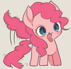 Size: 1239x1208 | Tagged: safe, artist:ccc, pinkie pie, earth pony, pony, g4, behaving like a dog, cute, diapinkes, female, gray background, looking at you, mare, no nose, ponk, puppy pie, silly, silly pony, simple background, solo, tail wag, tongue out