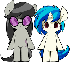 Size: 1790x1573 | Tagged: safe, alternate version, artist:ccc, dj pon-3, octavia melody, vinyl scratch, earth pony, pony, unicorn, g4, accessory swap, cute, glasses, looking at you, simple background, white background