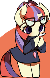 Size: 707x1089 | Tagged: safe, artist:ccc, moondancer, pony, unicorn, g4, bipedal, clothes, female, glasses, mare, solo, sweater