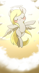 Size: 978x1849 | Tagged: safe, artist:ccc, derpy hooves, pegasus, pony, g4, cloud, eyes closed, female, halo, mare, sky, solo