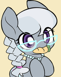 Size: 733x927 | Tagged: safe, artist:ccc, silver spoon, earth pony, pony, g4, carrot, ccc is trying to murder us, cute, daaaaaaaaaaaw, female, filly, food, glasses, hnnng, jewelry, looking at you, mouth hold, necklace, orange background, pearl, silverbetes, simple background, solo
