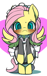 Size: 706x1144 | Tagged: safe, artist:ccc, fluttershy, pegasus, pony, semi-anthro, g4, bipedal, blushing, clothes, cute, dress, female, looking at you, maid, mare, shyabetes, solo, sweat