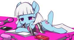 Size: 1742x945 | Tagged: safe, artist:ccc, photo finish, earth pony, pony, g4, book, female, food, glasses, hair dryer, lidded eyes, looking at you, mare, pocky, simple background, white background