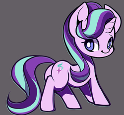 Size: 1124x1045 | Tagged: safe, artist:ccc, starlight glimmer, pony, unicorn, g4, butt, cute, female, glimmer glutes, glimmerbetes, gray background, looking at you, mare, plot, simple background, smiling, solo