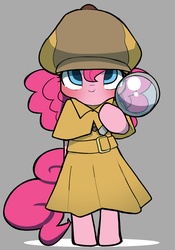 Size: 1090x1560 | Tagged: safe, artist:ccc, pinkie pie, earth pony, pony, g4, bipedal, clothes, coat, cute, detective, diapinkes, female, gray background, hat, looking at you, magnifying glass, mare, pixiv, simple background, solo