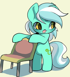 Size: 1250x1368 | Tagged: safe, artist:ccc, lyra heartstrings, pony, unicorn, semi-anthro, g4, bipedal, chair, chibi, female, looking at you, mare, simple background, solo