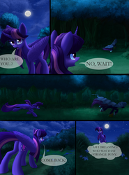 Size: 3624x4899 | Tagged: safe, artist:malajahr, twilight sparkle, alicorn, pony, comic:curse and madness, g4, ambiguous gender, comic, dark, female, forest, grass, hooded cape, mare, mlpcam, moon, night, stars, text bubbles, tree, twilight sparkle (alicorn)