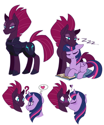 Size: 5000x6000 | Tagged: safe, fizzlepop berrytwist, tempest shadow, twilight sparkle, alicorn, pony, unicorn, g4, absurd resolution, blushing, book, broken horn, chained, couple, drool, eye scar, female, heart, horn, kiss on the lips, kissing, lesbian, mare, question mark, scar, sequence, ship:tempestlight, shipping, simple background, sleeping, twilight sparkle (alicorn), white background, zzz