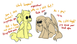 Size: 805x465 | Tagged: safe, artist:redxbacon, oc, oc only, oc:red stroke, pony, duo, female, self deprecation, talking to herself