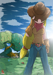 Size: 2894x4093 | Tagged: safe, artist:ryured, applejack, human, g4, apple tree, bandana, clothes, covering eyes, cowboy hat, feels, female, fingerless gloves, gloves, grass, hat, humanized, intertwined trees, pants, pear tree, solo, sun, tree