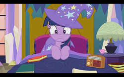 Size: 1280x800 | Tagged: safe, artist:agrol, twilight sparkle, alicorn, pony, magic lessons, g4, clothes, female, hat, radio, solo, trixie's hat, twilight sparkle (alicorn), twilight's bed, youtube link