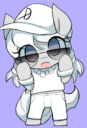 Size: 1247x1831 | Tagged: safe, artist:ccc, silver spoon, earth pony, pony, g4, baseball cap, cap, clothes, cute, female, gangsta, glasses, hat, jewelry, looking at you, necklace, pants, purple background, shirt, silverbetes, simple background, solo