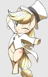 Size: 1169x1856 | Tagged: safe, artist:ccc, applejack, earth pony, pony, g4, clothes, cute, female, gray background, hat, jackabetes, looking at you, mare, one eye closed, simple background, solo, top hat, wink