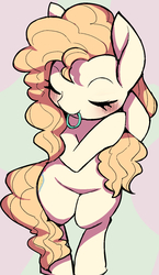 Size: 930x1608 | Tagged: safe, artist:ccc, pear butter, earth pony, pony, g4, bipedal, cute, eyes closed, female, hair tie, mare, mouth hold, pearabetes, simple background, solo