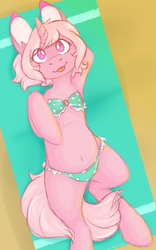 Size: 506x810 | Tagged: safe, artist:hyena-puff, oc, oc only, pony, unicorn, arm behind head, beach, belly, clothes, female, looking at you, lying, mare, solo, swimsuit, tongue out