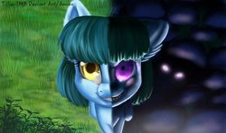 Size: 1280x756 | Tagged: safe, artist:tillie-tmb, oc, oc only, oc:meadow lark, earth pony, pony, bust, duality, female, mare, portrait, solo