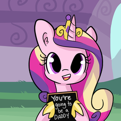 Size: 1650x1650 | Tagged: safe, artist:tjpones, princess cadance, alicorn, pony, g4, cute, cutedance, female, fun couples game meme, happy, holding sign, hoof shoes, jewelry, juxtaposition, looking at you, regalia, sign, smiling, solo