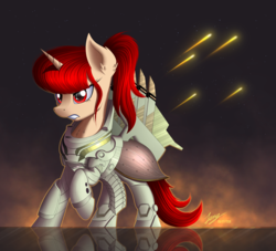 Size: 2500x2273 | Tagged: safe, artist:duskie-06, oc, oc only, oc:little vanilla, pony, unicorn, armor, commission, crossover, destiny (video game), destiny 2 (game), dominus ghaul, female, high res, raised hoof, reflection, solo, video game