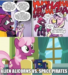 Size: 500x552 | Tagged: safe, artist:andypriceart, edit, edited screencap, idw, screencap, cheerilee, princess cadance, tempest shadow, earth pony, pony, a flurry of emotions, g4, spoiler:comic, spoiler:comic67, book, broken horn, comic, cropped, eye scar, female, horn, image macro, mare, meme, scar, speech bubble