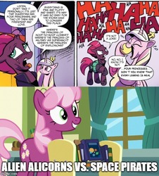 Size: 500x552 | Tagged: safe, artist:andy price, edit, edited screencap, idw, screencap, cheerilee, princess cadance, tempest shadow, earth pony, pony, a flurry of emotions, friendship is magic #67, g4, spoiler:comic, book, broken horn, comic, cropped, eye scar, female, horn, image macro, mare, meme, scar, speech bubble