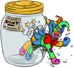 Size: 1382x1267 | Tagged: safe, artist:dawnallies, oc, oc only, oc:fool, pony, zebra, broken, jester, pony in a bottle, shattered, simple background, solo, transparent background