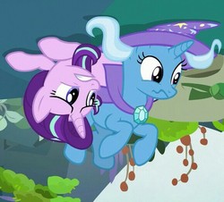 Size: 581x525 | Tagged: safe, edit, edited screencap, screencap, starlight glimmer, trixie, pony, g4, to change a changeling, cropped, duo, inverted, upside down