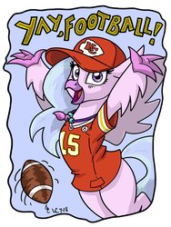 Size: 1536x2048 | Tagged: safe, artist:latecustomer, silverstream, hippogriff, g4, american football, clothes, cute, diastreamies, female, jersey, kansas city chiefs, looking at you, nfl, solo, sports