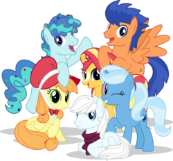 Size: 1024x951 | Tagged: safe, artist:mlp-trailgrazer, applejack, double diamond, flash sentry, party favor, sunset shimmer, trixie, pegasus, pony, g4, alternate color palette, alternate cutie mark, alternate hairstyle, alternate universe, bonnet, clothes, confetti, earth pony party favor, flapplejack, mane six opening poses, one eye closed, prone, race swap, scarf, simple background, transparent background, wink