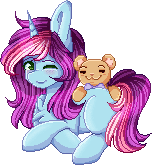 Size: 152x167 | Tagged: safe, artist:sketchyhowl, oc, oc only, oc:rainbow kitty, pony, unicorn, animated, big ears, female, floaty, gif, mare, one eye closed, pixel art, simple background, solo, teddy bear, transparent background, wink