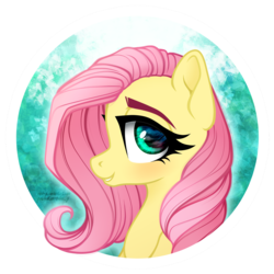 Size: 1350x1350 | Tagged: dead source, safe, artist:vird-gi, fluttershy, pegasus, pony, g4, bust, cute, female, looking at you, looking sideways, portrait, shyabetes, smiling, solo