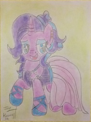 Size: 1500x2000 | Tagged: safe, artist:jerrykenway, starlight glimmer, pony, unicorn, g4, clothes, dress, female, gala dress, simple background, solo, traditional art, yellow background