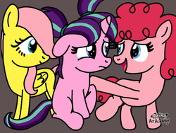 Size: 1024x768 | Tagged: safe, artist:thefandomizer316, fluttershy, pinkie pie, starlight glimmer, earth pony, pegasus, pony, unicorn, g4, alternate universe, blank flank, comforting, crying, female, filly, filly fluttershy, filly pinkie pie, filly starlight glimmer, gray background, open mouth, sad, simple background, what if, younger