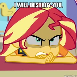 Size: 600x599 | Tagged: safe, edit, edited screencap, screencap, sunset shimmer, equestria girls, equestria girls specials, g4, my little pony equestria girls: better together, my little pony equestria girls: rollercoaster of friendship, angry, cropped, female, image macro, kubrick stare, meme, memeful.com, solo, threat