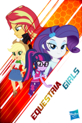 Size: 1200x1800 | Tagged: safe, artist:razoredge2312, applejack, rarity, sci-twi, sunset shimmer, twilight sparkle, equestria girls, g4, ant-man, ant-man and the wasp, hasbro logo, hexagon, parody, poster
