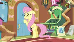Size: 1280x720 | Tagged: safe, screencap, fluttershy, pegasus, pony, g4, it ain't easy being breezies, season 4, bird feed, bird house, book, carpet, door, female, folded wings, mare, peephole, solo